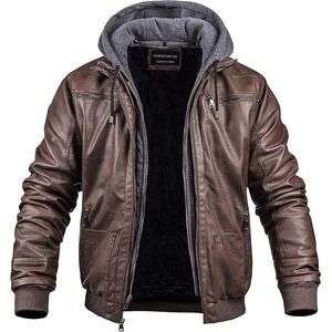CREATMO US Mens Brown Faux Leather Bomber Motorcycle Jacket (XL)  Removable Hood